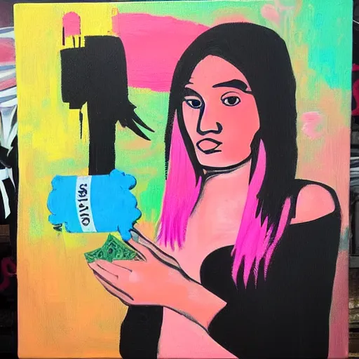 Image similar to “tall queer woman with long pink hair and a tall emo girl near a weedy pig eating money, capitalism, acrylic and spray paint and oilstick on canvas, neoexpressionism”