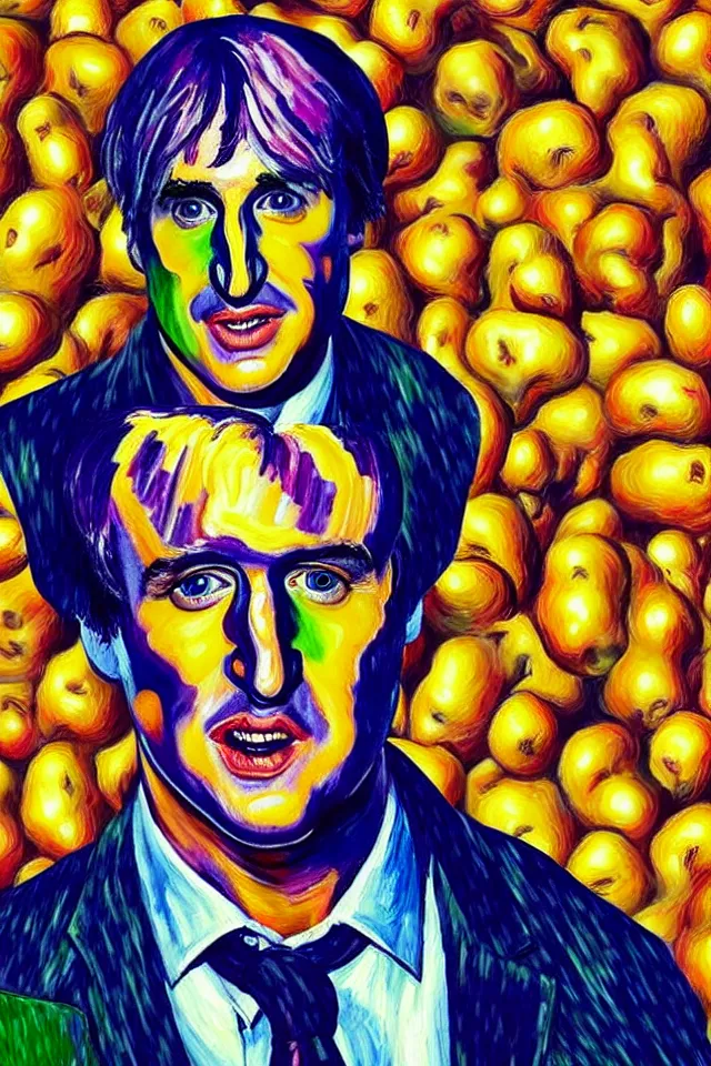 Image similar to bizarre neo - fauvism portrait of owen wilson in a sea of thousands of highly detailed potatos, dramatic cinematic lighting, 8 k, beautiful intricate painting