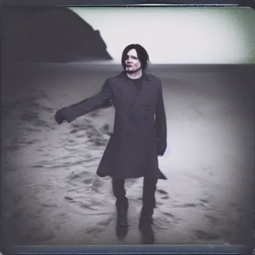 Image similar to 9 0 s polaroid photograph of norman reedus wearing a trenchcoat at night, dancing on a beach during cloudy weather, vignette