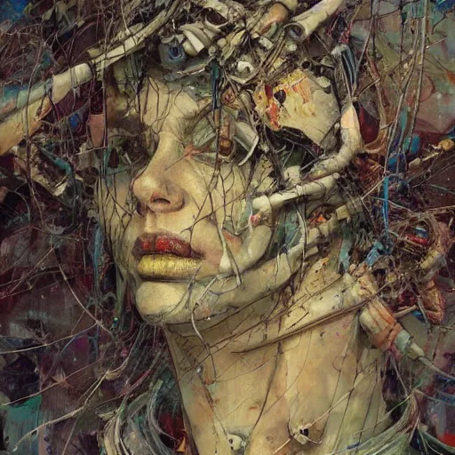 Image similar to the last wanderer of earth, post - apocalyptic wasteland, wires cybernetic implants, in the style of adrian ghenie, esao andrews, jenny saville, surrealism, dark art by james jean, takato yamamoto