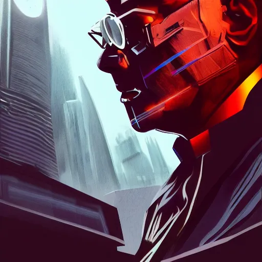 Image similar to cyberpunk neville chamberlain as the leader of a futuristic communist nation, cybernetics, sharp lines, digital, artstation, colored in