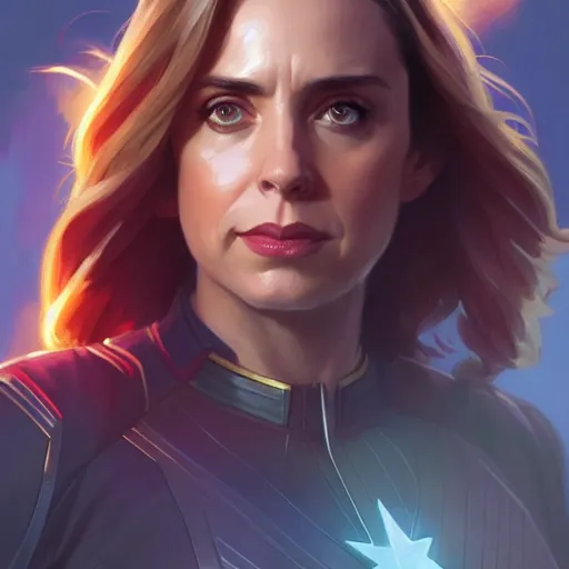 Image similar to Alison Brie as Captain Marvel, western, D&D, fantasy, intricate, elegant, highly detailed, digital painting, artstation, concept art, matte, sharp focus, illustration, art by Artgerm and Greg Rutkowski and Alphonse Mucha