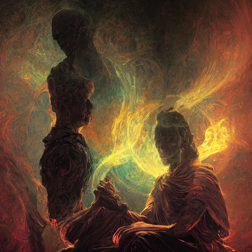 Prompt: a close - up view portrait of a silhouetted supernatural wizard meditating in baroque neoclassicist halls with iridescent metallic technology., detailed textures. glowing colorful fog, dark black background. highly detailed fantasy science fiction painting by moebius, norman rockwell, frank frazetta, and syd mead. rich colors, high contrast. artstation