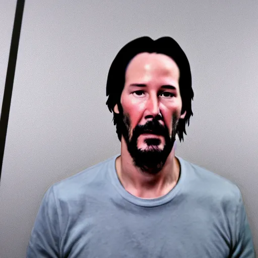 Prompt: a photo portrait photo of keanu reeves mugshot after being arrested, holding a sign with random numbers, 8 k resolution, photorealistic