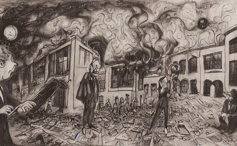 Prompt: A reporter interviewing somebody in front of a burning building , surrealism , involving , intricate