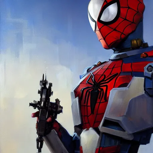 Image similar to greg manchess portrait painting of fully armored mecha spiderman as overwatch character, medium shot, asymmetrical, profile picture, organic painting, sunny day, matte painting, bold shapes, hard edges, street art, trending on artstation, by huang guangjian, gil elvgren, ruan jia, greg rutkowski, gaston bussiere