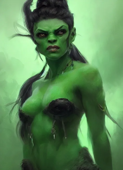 Prompt: green orc female, light green tone beautiful face by wenjun lin
