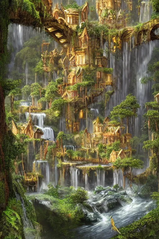 Image similar to wooden elven City with golden roofs, arches and bridges on top of a WATERFALL in the fall, gnarly trees, lush vegetation, forrest, a small stream runs beneath the waterfall, landscape, raphael lacoste, eddie mendoza, alex ross, john howe, concept art, matte painting, highly detailed, rule of thirds, dynamic lighting, cinematic, detailed, denoised, centerd, clean render