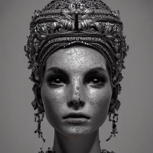 Image similar to a portrait of beautiful goddess, ornated, haunting, headpiece, highly detailed, intricate deaign, organic, hyperrealism, photorealistic, render in octane, unreal engine, 4 k