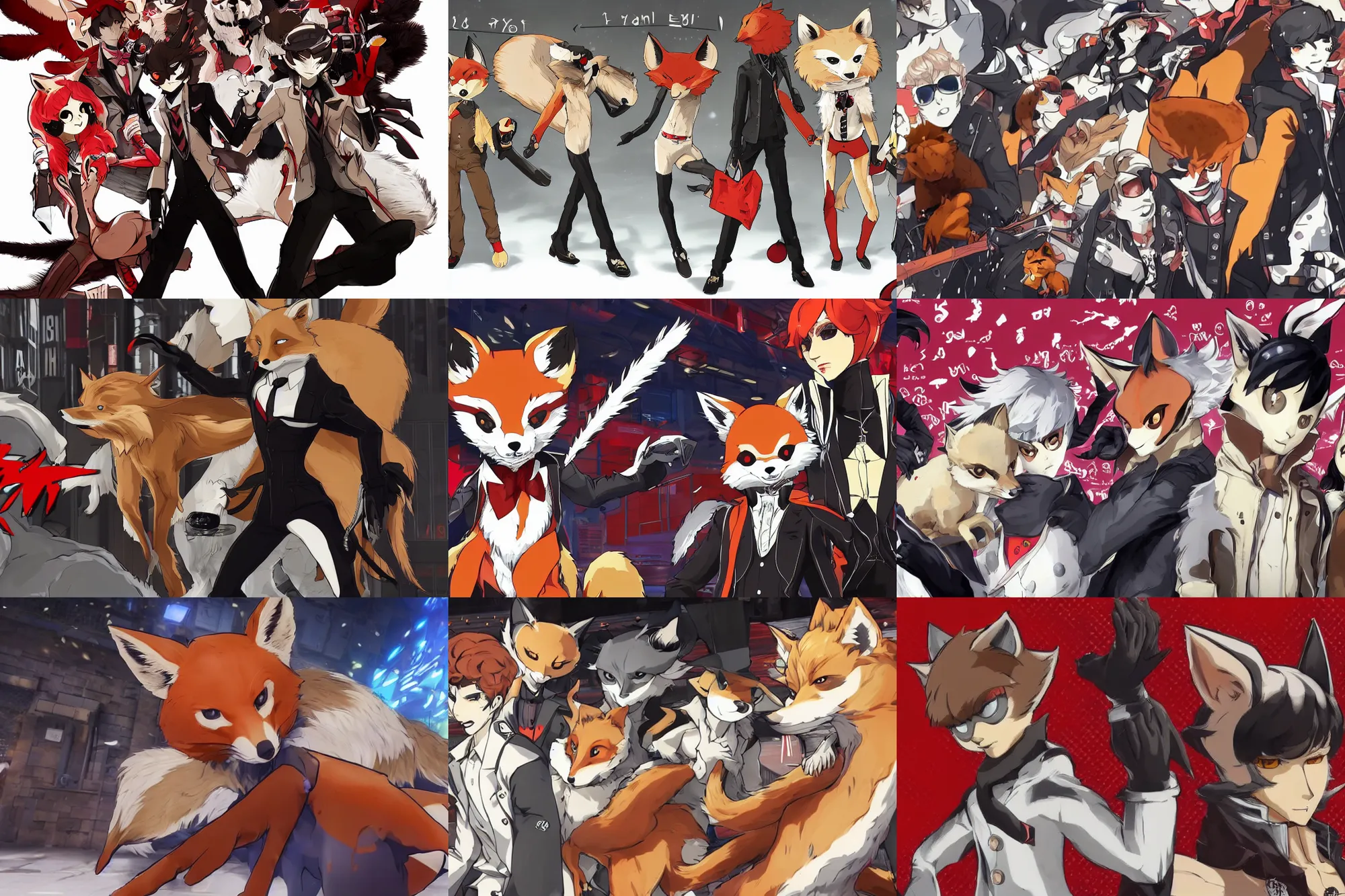 Prompt: a furry tan male fox on a persona 5 : royal ( by atlus ) video game splash screen, a furry male sandy sand - colored beige tan fur fox fursona ( has light brown hair ), persona 5 phantom thief style