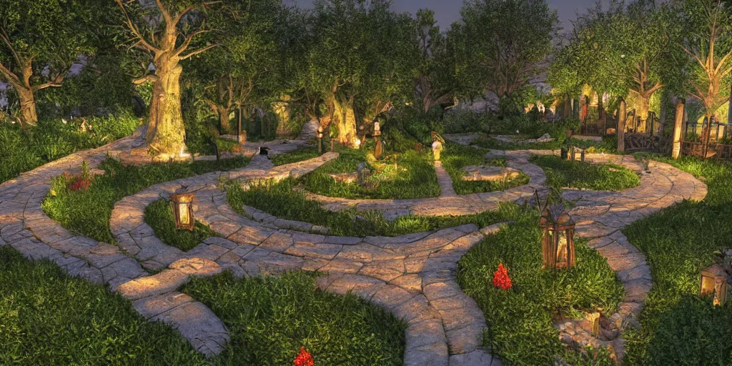 Prompt: medieval gardens at night, dead trees, bushes, thorns, stone pathways, stairs, ponds, gazebos, bridges, 3d model, miniature, iso, isometric view, gas lighting, stone and wood, dead tree, digital art, thomas kinkade, artgerm