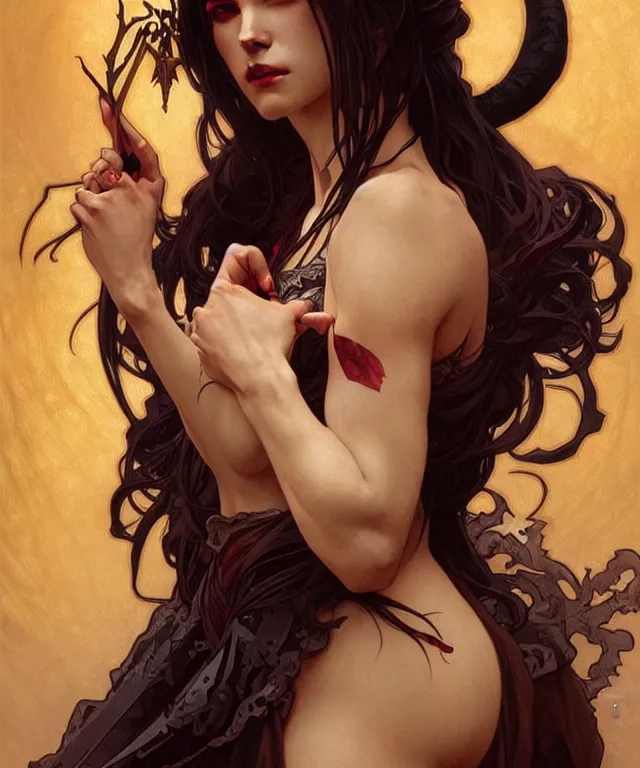 Image similar to a powerful angry demon witch, portrait, intricate, elegant, highly detailed, smooth, sharp focus, art by artgerm and greg rutkowski and alphonse mucha