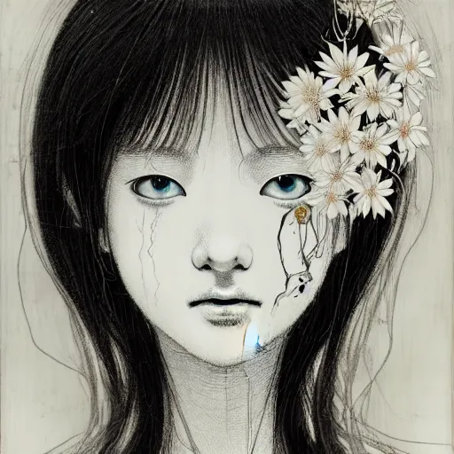 Image similar to prompt: Balck and white Fragile looking vessel portrait face drawn by Katsuhiro Otomo, beautiful girl in lake with shining face super detailed, nymph in the water performing alchemy, small flowers and cables and wire around and on the side with artifacts and ancient book, intricate oil painting, soft light, white background, intricate detail, intricate oil painting detail, sharp high detail, manga and anime 2000