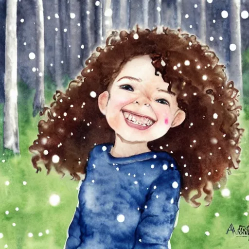 Prompt: a little girl with curly brown hair and a happy expression in a snowy forest trying to catch snowflakes. Watercolor, trending on artstation