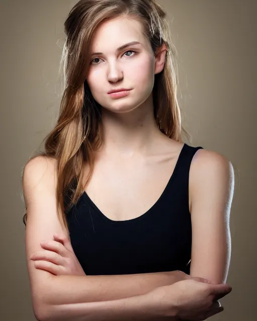 Image similar to a highly realistic, true to life portrait of a beautiful young caucasian girl, sharp focus, from the waist up, with sharp features, a beautiful face, soft smile, under studio lighting, taken with a canon eos camera with 1 3 5 mm focal length