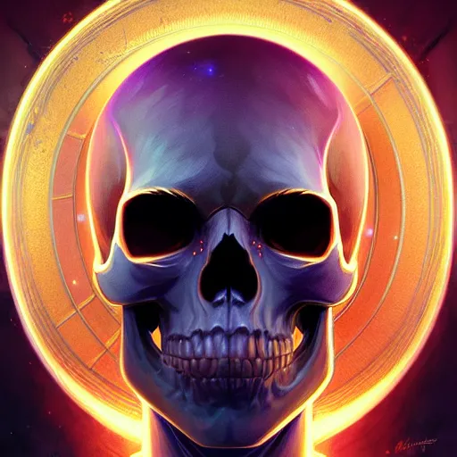 Image similar to symmetry!! portrait of galaxy! skull warrior, glowing eyes!! intricate, elegant, highly detailed, digital painting, artstation, concept art, smooth, sharp focus, illustration, art by artgerm and greg rutkowski and alphonse mucha