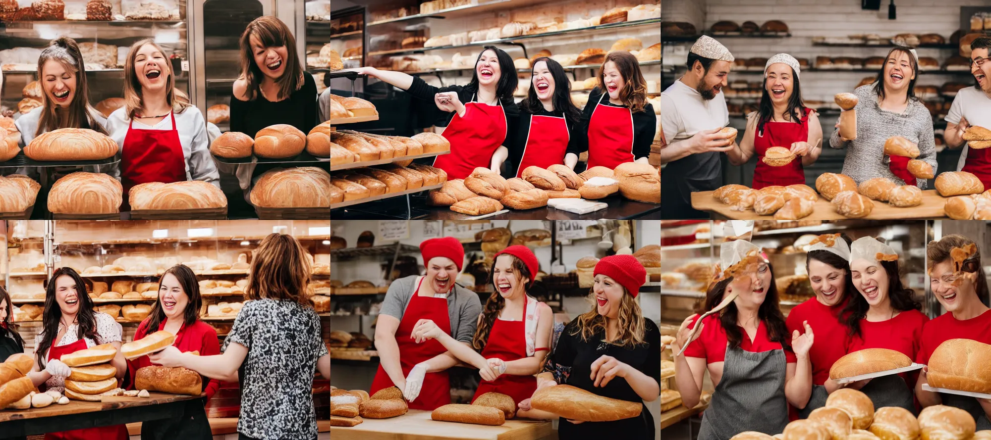 Prompt: 3 red dressed people in a bakery laughing at bread,