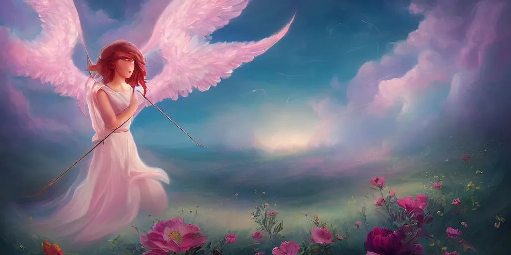 Image similar to An angel with beautiful face shooting luminous arrows with a bow on a country landscape covered with flowers, inspired by Daniela Uhlig and Cyril Rolando, trending on artstation, heavenly colors, volumetric lighting