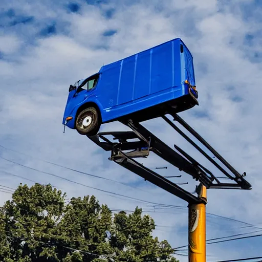 Image similar to blue truck dangling from atop a street light pole