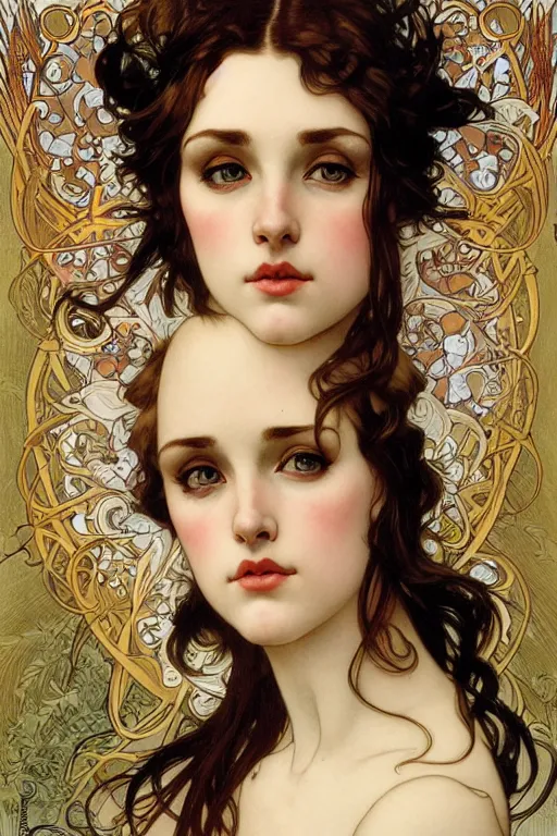 Prompt: realistic detailed face profile portrait of Mia Kirschner by Alphonse Mucha, Ayami Kojima, Amano, Charlie Bowater, Karol Bak, Greg Hildebrandt, Jean Delville, and Mark Brooks, Art Nouveau, Neo-Gothic, gothic, Mia Kischner, rich deep moody colors