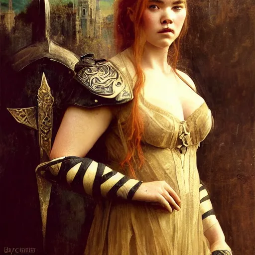 Image similar to young redheaded florence pugh, wearing black ornamented medieval armour, detailed, by gaston bussiere, bayard wu, greg rutkowski, giger, maxim verehin, greg rutkowski, masterpiece, sharp focus,