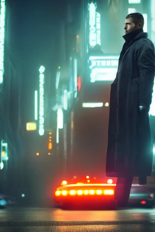 Image similar to Bladerunner 2049 still police officer standing next to white patrol car midnight crossed arms dark night orange street lamps. Bladerunner 2049 (2017) film. style of Roger Deakins Jeremy Saulnier Newton Thomas Sigel Robert Elswit Greig Fraser trending rtx on ue5. 35mm Kodak Vision 2383 gritty atmospheric