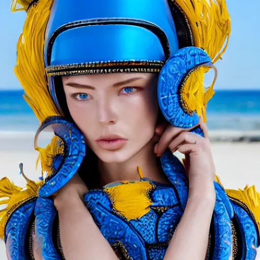 Prompt: close up of a female fashion model in year 3000 at beach, model wearing a huge surreal Avant-garde helmet in blue, photography , official Versace editorial , highly detailed