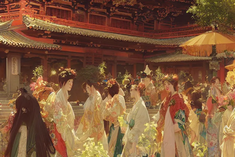 Image similar to a beautiful realistic painting of a festival at koyasan, intricate, elegant, highly detailed, digital painting, artstation, concept art, by krenz cushart and artem demura and alphonse mucha