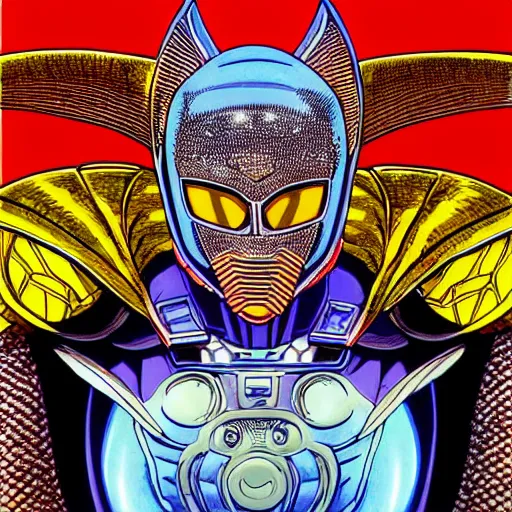 Image similar to close up portrait of the masked cyber archangel, intricate, highly detailed, masterful, in the style of moebius, akira toriyama, jean giraud