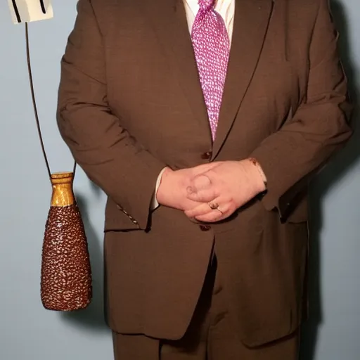 Image similar to Andy Richter is wearing a chocolate brown suit and necktie, holding a sign that reads Stop making these images of me of I WILL tell Conan!! Andy has a stern look on his face