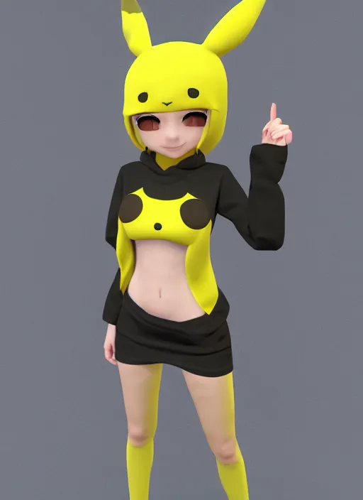 Prompt: vrchat, secondlife, imvu, 3 d model of a girl in a pikachu hoodie, cutely designed clothing, hq render, detailed textures, artstationhd, booth. pm, highly detailed attributes and atmosphere, dim volumetric cinematic lighting, hd, unity unreal engine