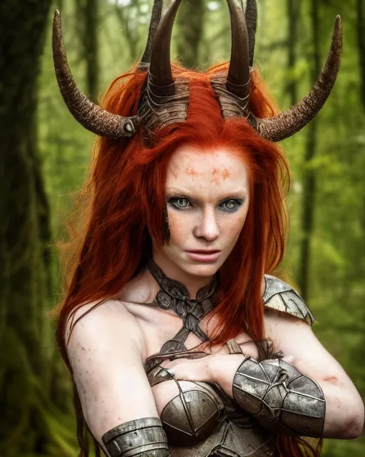 Image similar to 5 5 mm portrait photo of an armored redhead woman warrior, and horns growing from her head, in a magical forest. by luis royo. highly detailed 8 k. intricate. lifelike. soft light. nikon d 8 5 0. cinematic post - processing