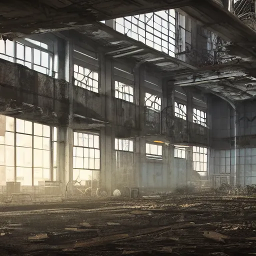 Prompt: abandoned industrial factory interior, tyndall effect, digital art, trending on artstation