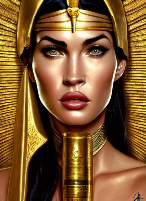 Prompt: portrait of megan fox as egypt queen, scarab, pyramids, gold, intricate, headshot, highly detailed, digital painting, artstation, concept art, sharp focus, cinematic lighting, illustration, art by artgerm and greg rutkowski, alphonse mucha, cgsociety