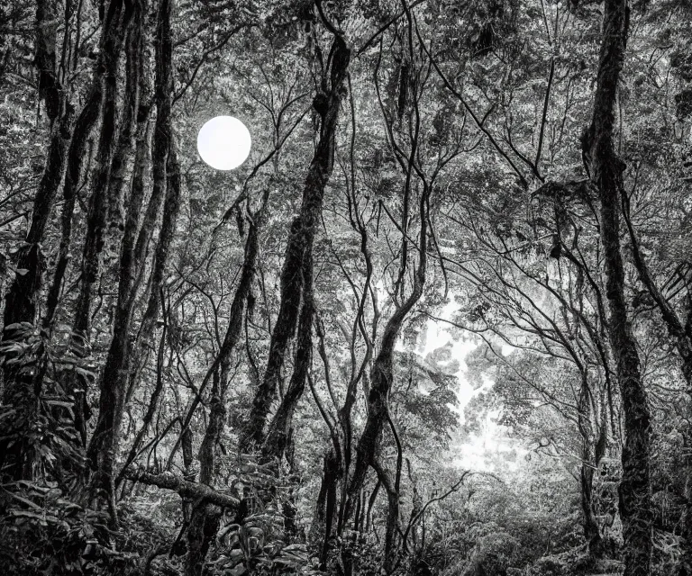 Image similar to a lush dense green forest, colorful glowing vines, black and white wildlife, moon shining, soft tones, night time highly detailed, 50mm