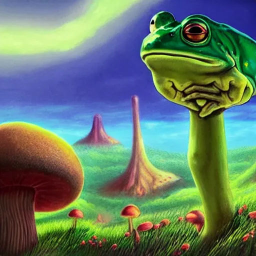 Image similar to A centered chest up portrait of a psychedelic godlike anthropomorphic frog smoking a hand-rolled cigarette smoking heavily , magic mushroom village in background . award winning. superb resolution. in the art style of junji Ito and greg rutkowski . Detailed Mushroom city in background. Hyper realistic anime. Perfect art. Dalle2