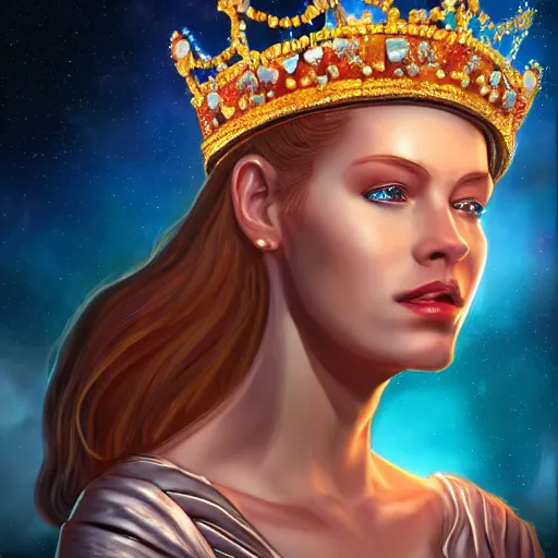 Prompt: a realistic digital painting of a queen looking over the galaxy, wearing a crown, dramatic lighting, serious expression, 4K, HD, detailed, epic