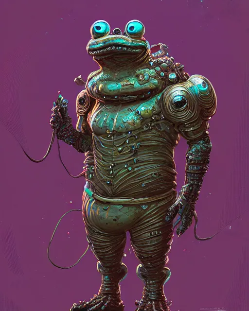 Image similar to a slimy anthropomorphic toad king wearing ornate cyberpunk armor, smooth, intricate, elegant, digital painting, artstation, steam, grungy steel, concept art, sharp focus, octane render, illustration, art by josan gonzalez,