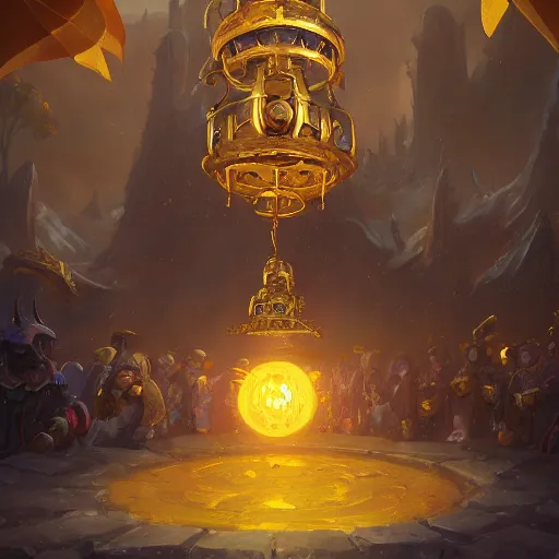 Image similar to a holy giant bell made of gold, yellow theme, bright art masterpiece artstation. 8 k, sharp high quality artwork in style of jose daniel cabrera pena and greg rutkowski, concept art by tooth wu, blizzard warcraft artwork, hearthstone card game artwork, giant bell