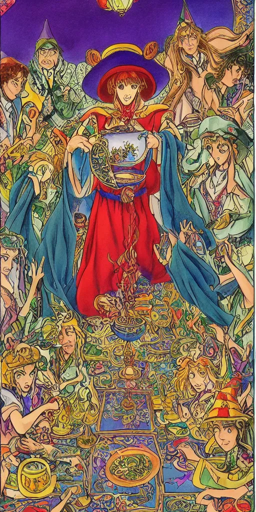 Image similar to a mystical man with a goblet on the table, wizard hat, drawn by Naoko Takeuchi, impressive line work, tarot card. tarot card the magician, psychedelic, intricate