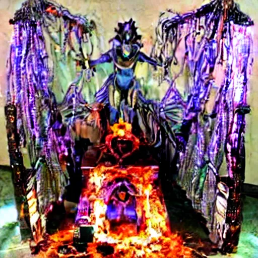 Image similar to 10,100 wemon worshipping the cybercore dragon angel pimp covered in wires damnatione emerging from cybercore damnation hell portal in the middle of my digusting dirty room, holy ceremony, heavens gate, low quality photo, flikr