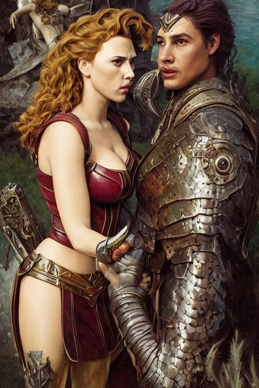 Image similar to A fantasy comic book style Oil Painting portrait of Scarlett Johansson and Gal Gadot, as Atlantean Reptilian hybrid Warriors, Mystical Valkyrie, unreal 5, DAZ, hyperrealistic, octane render, Regal, Refined, Detailed Digital Art, RPG portrait, François Boucher, Michael Cheval, William-Adolphe Bouguereau, Steampunk, Walt Disney (1937), Josephine wall, dynamic lighting, Highly Detailed, Cinematic Lighting, Unreal Engine, 8k, HD