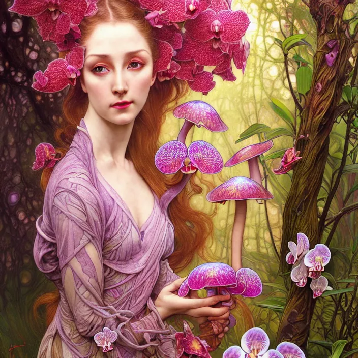 Image similar to psychedelic, orchid, cherry blossom tree, mushrooms, diffuse lighting, fantasy, intricate, elegant, highly detailed, lifelike, photorealistic, digital painting, artstation, illustration, concept art, smooth, sharp focus, art by John Collier and Albert Aublet and Krenz Cushart and Artem Demura and Alphonse Mucha and Giuseppe Arcimboldo