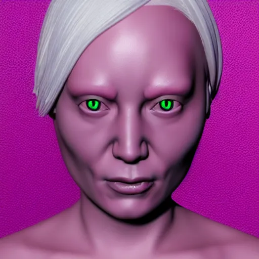 Prompt: ZBrush sculpt albino woman with pink hair and glowing eyes