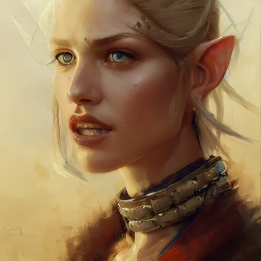 Image similar to A head-on detailed oil portrait of a pretty elf woman with small cuflhcopper horns, long blonde hair and bright irises, by greg rutkowski, trending on artstation, dungeon and dragons art