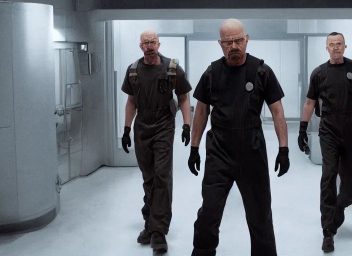 Image similar to film still of Walter White as Gordan Freeman wearing Black Mesa Jumpsuit in the Half Life Movie, 4k