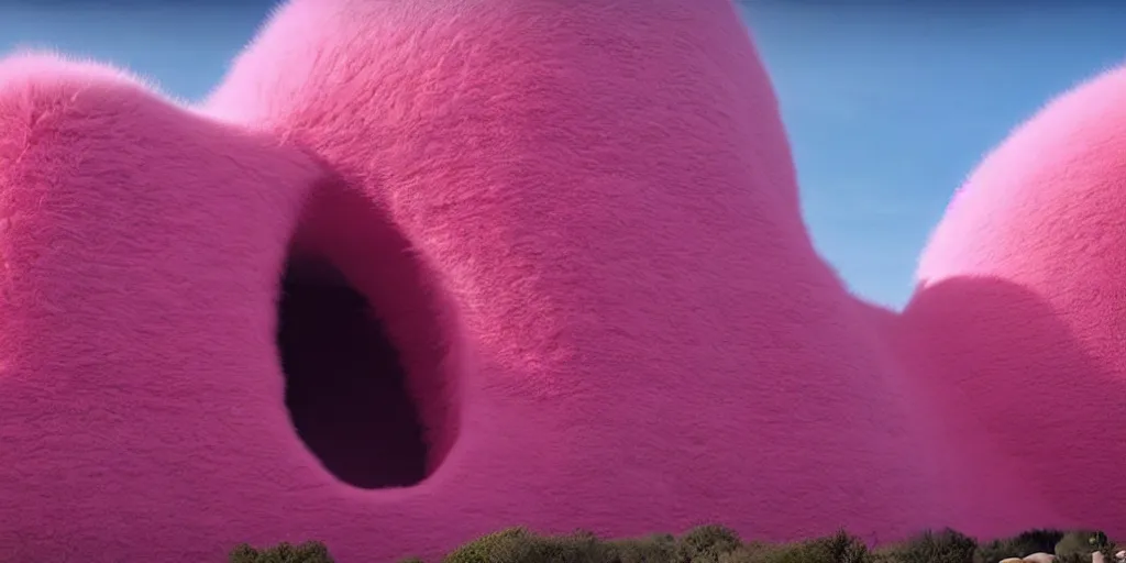 Prompt: a strange huge translucent pvc inflated organic architecture building with pink fluffy fur inside by anish kapoor sits in the rock mountains, film still from the movie directed by denis villeneuve with art direction by zdzisław beksinski, close up, telephoto lens, shallow depth of field