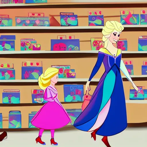 Prompt: a hand drawn illustration of Anna and Elsa walking through a toy store together, digital art, Walt Disney Pictures Walt Disney Animation Studios