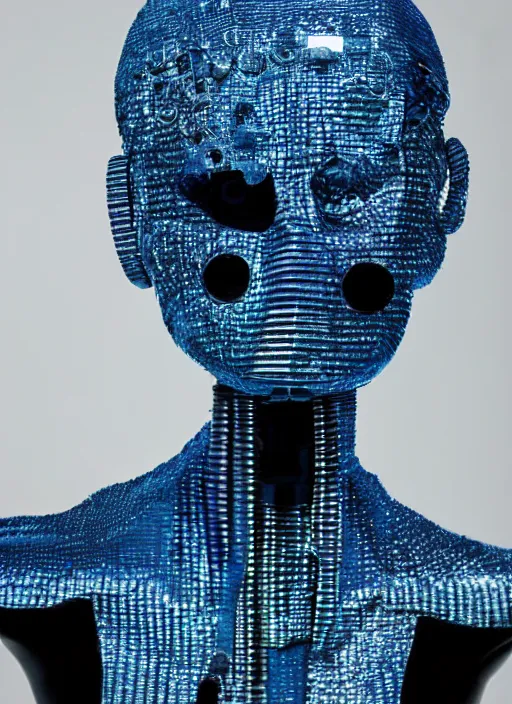 Image similar to a fashion portrait photograph of a robot head art directed by Alexander McQueen, blue color palette, 35mm, pentax, studio lighting