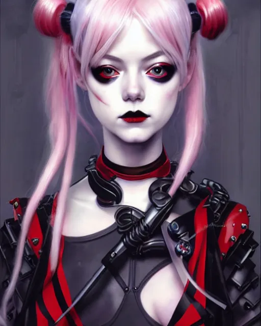 Prompt: portrait of beautiful cute young goth maiden anime harley quinn girl looks like emma stone in warhammer mechanical armor, high details, art by ( ( ( kuvshinov ilya ) ) ) and wayne barlowe and gustav klimt and artgerm and wlop and william - adolphe bouguereau